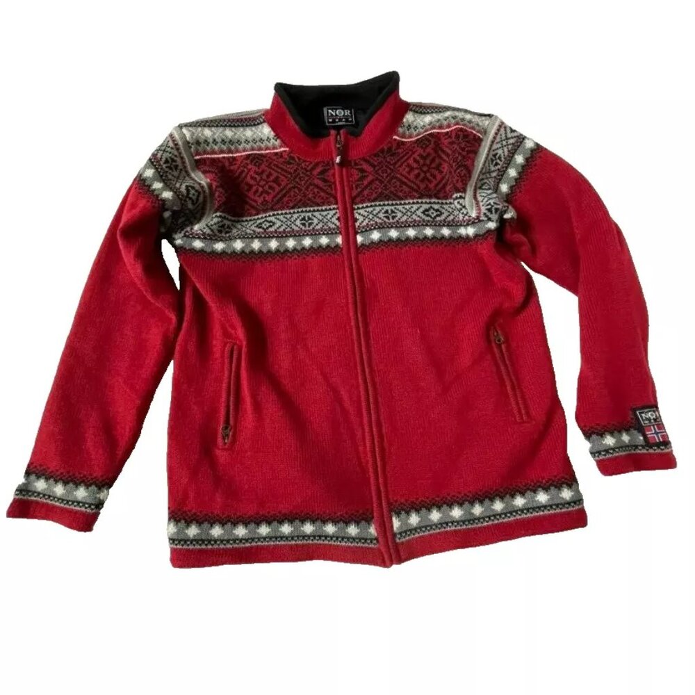 Nor Wear Mens L 100% Wool Ski Sweater Full Zip Zipper Red Holiday Grandpacore